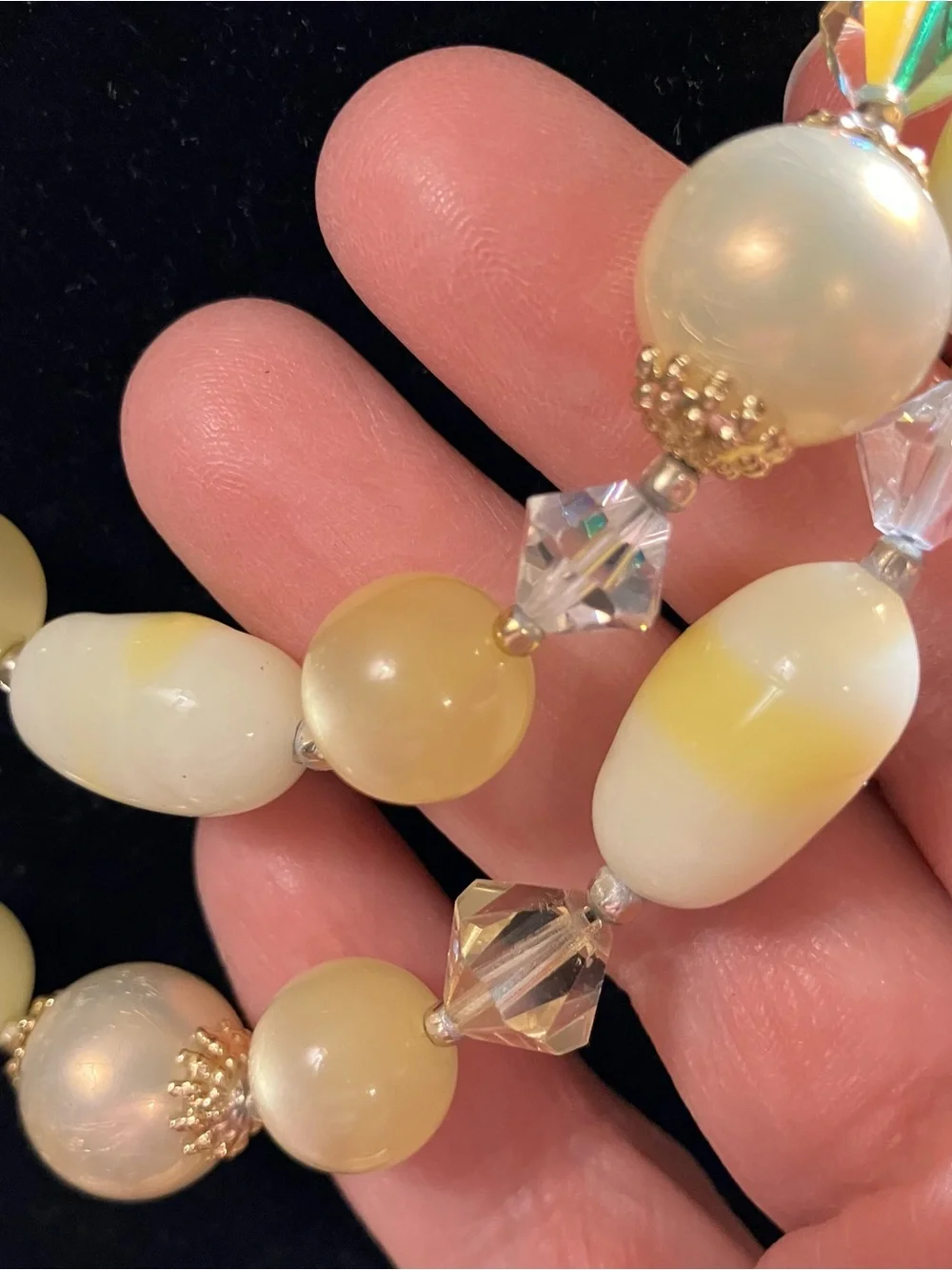 Vintage Japan Butter Yellow Glass Crystal Bead Two Strand Choker Necklace